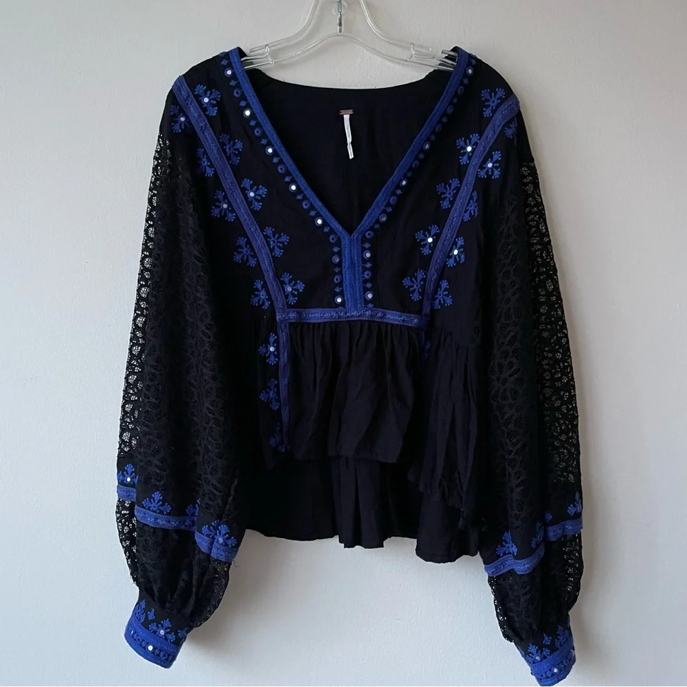 FREE PEOPLE Boogie All Night Peasant Blouse‎ Embroidered Mirror Lace Size Large